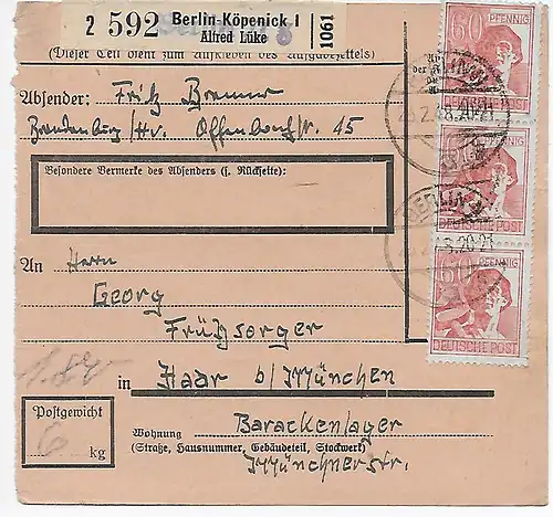 Paketkarte von Berlin-Köpenick, Selbstbucher nach Haar, 1948, MeF MiNr. 956