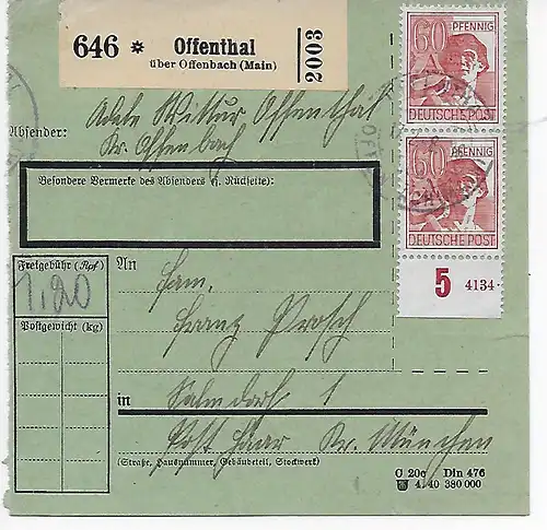 Paketkarte von Offenthal/Offenbach nach Haar, 1948, MeF MiNr. 956, teils HAN