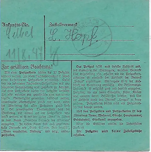 Carte de Berlin-Wilmersdorf à Feilnbach, 1948, MeF