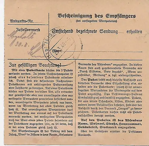 Paketkarte von Stuttgart-Feuerbach nach Teisendorf, 1948, MeF