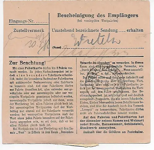 Paketkarte von Berlin-Tempelhof nach Haar, 1948, MeF
