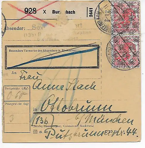 Paketkarte von Burtenbach nach Ottobrunn, 1948, MeF