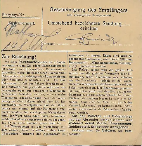 Paketkarte von Burtenbach nach Ottobrunn, 1948, MeF
