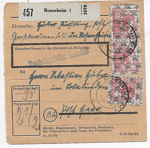 Carte de colis payé par Rosenheim Frais de livraison , 1948, MeF