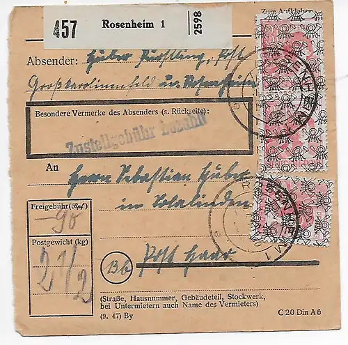 Paketkarte von Rosenheim Zustellgebühr bezahlt , 1948, MeF