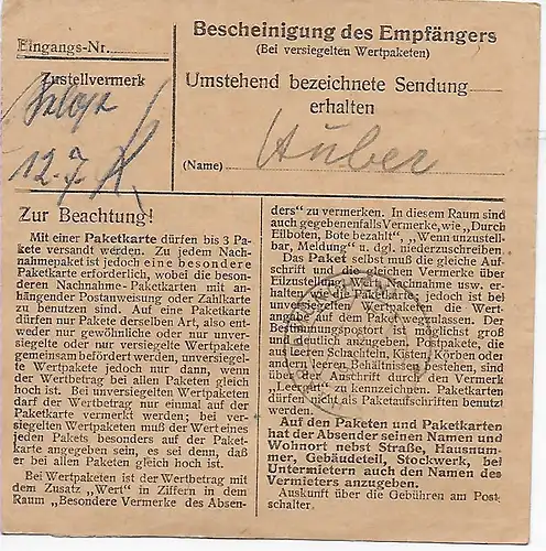 Paketkarte von Rosenheim Zustellgebühr bezahlt , 1948, MeF