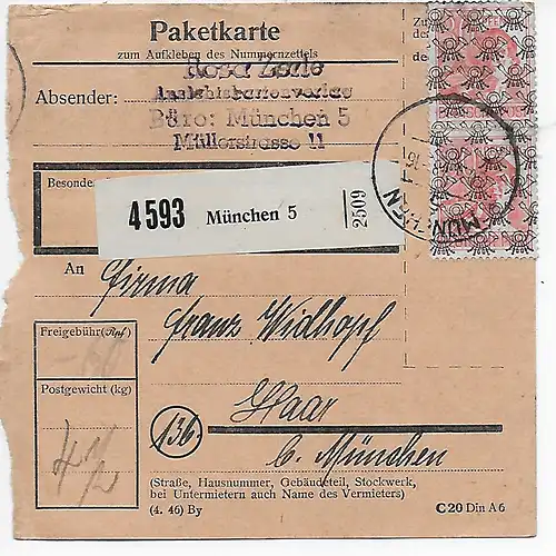 Paketkarte von München nach Haar , 1948, MeF