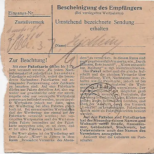 Paketkarte von München nach Haar , 1948, MeF