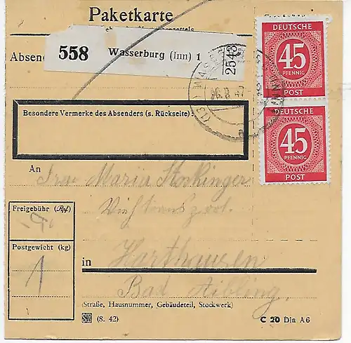 Paketkarte von Wasserburg/Inn nach Harthausen, 1947, MeF