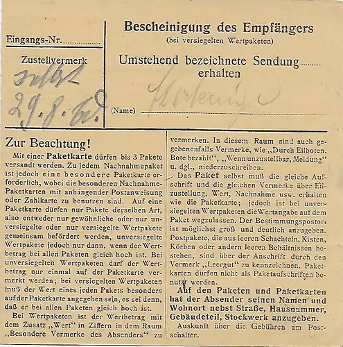 Paketkarte von Wasserburg/Inn nach Harthausen, 1947, MeF