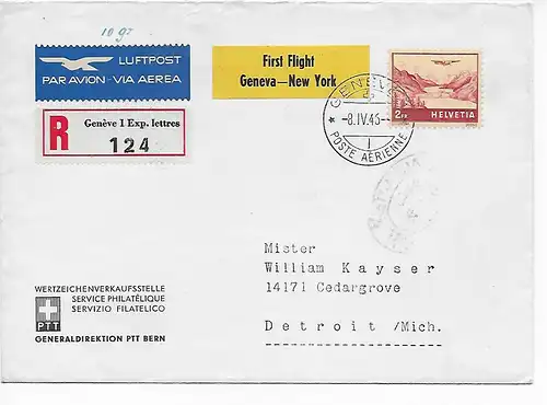 Poste aérien Inscrivez-vous First Flight Genève - New York, 1946 à Detroit/Moi