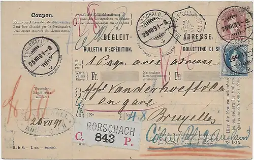 Paketkarte Rorschach nach Brüssel, 1891