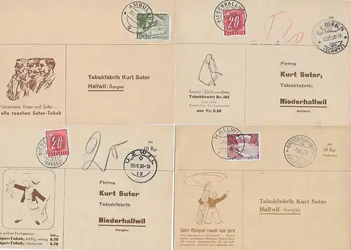 4x Postkarte, Tabak, 1950-1955: Luzwil, Hallwil, ...