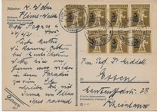 Postkarte MeF von Flims-Waldhaus nach Essen, 1931