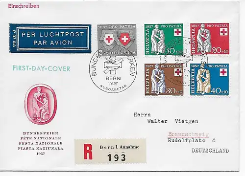 Luftpost Bern Bundesfeier Einschreiben nach Braunschweig, 1957, FDC