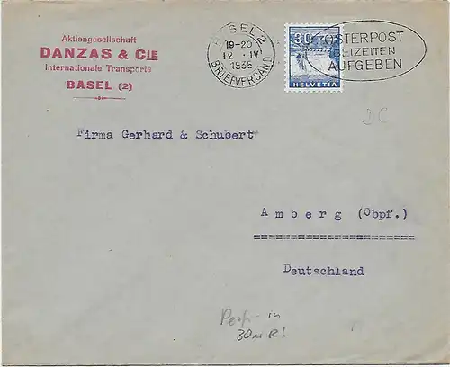 Basel 1935 - Osterpost Werbestempel nach Amberg, Firmenlochung Perfin