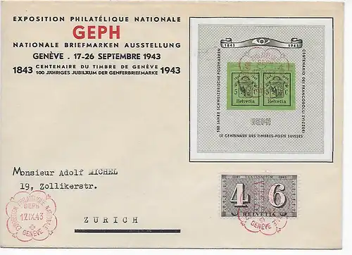 Genf: Nationale Briefmarken Ausstellung 1943 nach Zürich, FDC