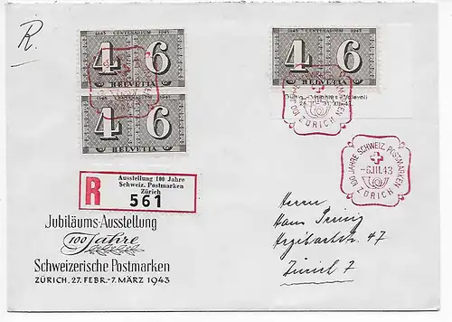 Einschreiben Zürich: Ausstellung 100 Jahre Schweiz. Postmarken 1943