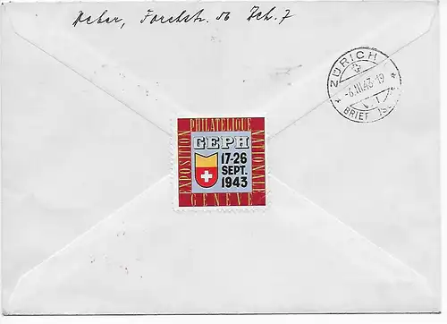 Einschreiben Zürich: Ausstellung 100 Jahre Schweiz. Postmarken 1943
