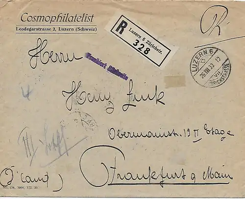 Einschreiben Luzern, 1930 nach Frankfurt, rückseitig Frankiert - Stempel