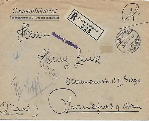 Lettre recommandé Luzern, à Francfort en 1930, en arrière Frankiert - Tampon