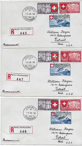 Einschreiben Zürich 1 Briefannahme 3x FDC nach Detroit