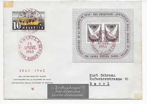 FDC Basel, 100 Jahre Basler Taube, 1945