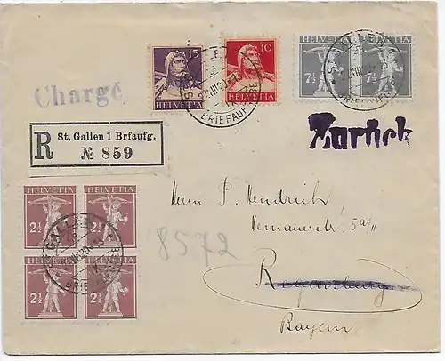 Einschreiben St. Gallen 1 Briefaufgabe, 1920 nach Regensburg und zurück