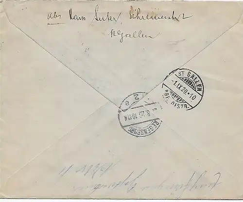Einschreiben St. Gallen 1 Briefaufgabe, 1920 nach Regensburg und zurück