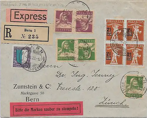 Einschreiben Express von Bern nach Zürich 1923