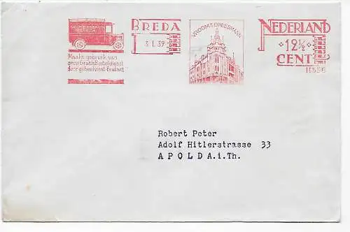 Brief mit Freistempel Breda, 1939 nach Apolda