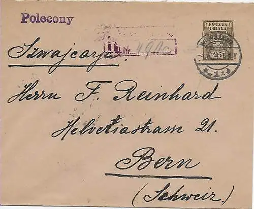 Einschreiben Warschau 1921 nach Bern