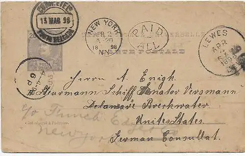Postkarte Lewes, 1898 Ponta Delgado nach dt. Konsulat New York