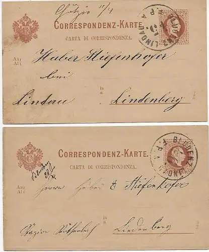 2x Postkarte von Bludenz nach Lindenberg, Bahnpost 1878