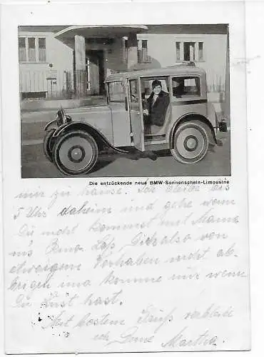 Bildpostkarte mit der neuen BMW Sonnenschein Limousine, 1934