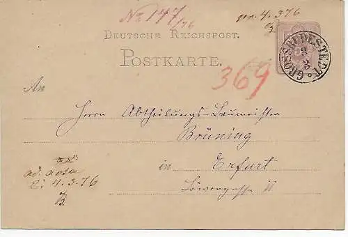 Grossrundestedt 1876 nach Erfurt, T&T Stempel SWE