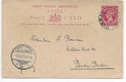 Picture Post card Natal Durban to Lichtenthal, Baden-Baden 1901