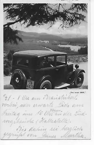 Bildpostkarte mit dem neuen BMW, 1934, Werbestempel Naturschutz