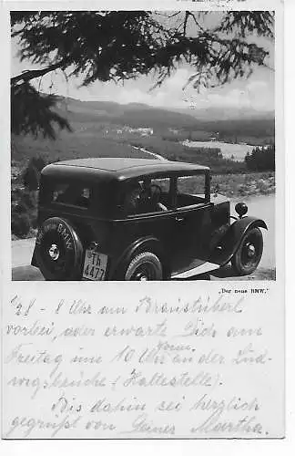 Carte postale avec la nouvelle BMW, 1934, timbre publicitaire protection de la nature