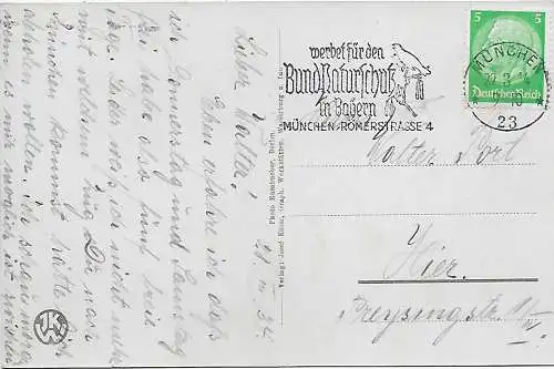 Carte postale avec la nouvelle BMW, 1934, timbre publicitaire protection de la nature