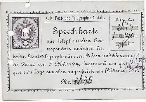 Carte téléphonique autrichienne - Carte vocale, 1889 Vienne