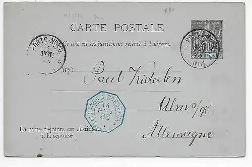 Colonie française du Bénin, carte double 1893 à Ulm via Loango Bordeaux