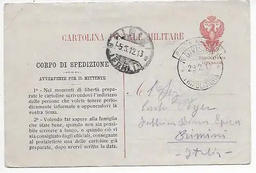 Cartolina Postale Militare 1912, IV Divisione Tripoli vers Rimini