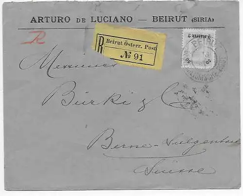 Beirut-Österreichische Post, Einschreiben in die Schweiz, 1904, Levante-Syrien
