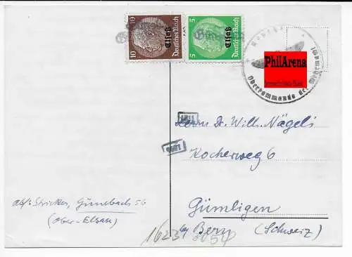 Postkarte Elsaß: Günsbach nach Gümlingen/Schweiz, OKW Zensur, 1940