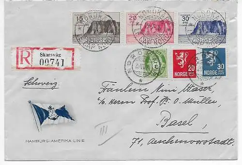 Einschreiben Skarsvag 1935 nach Basel, Nordkapp, Hamburg-Amerika Linie, 159/161
