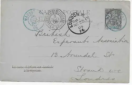 Post card Madagascar to Londre, 1905, Esperanto Gesellschaft