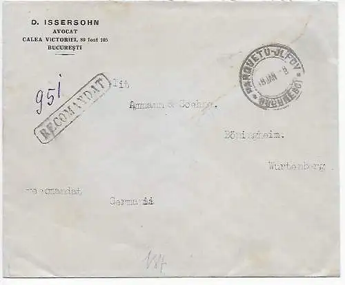 Advocat Bucaresti, registered to Bönigheim, Briefmarken Rückseite