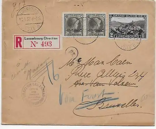Luxembourg Direction Einschreiben nach Brüssel, 1937, unbekannt, abwesend