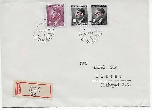 Prag Einschreiben nach Pilzen, 7.5.1945 mit Einlieferungschein